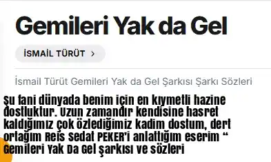 İsmail TÜRÜT Gemileri Yak da Gel şarkı sözleri